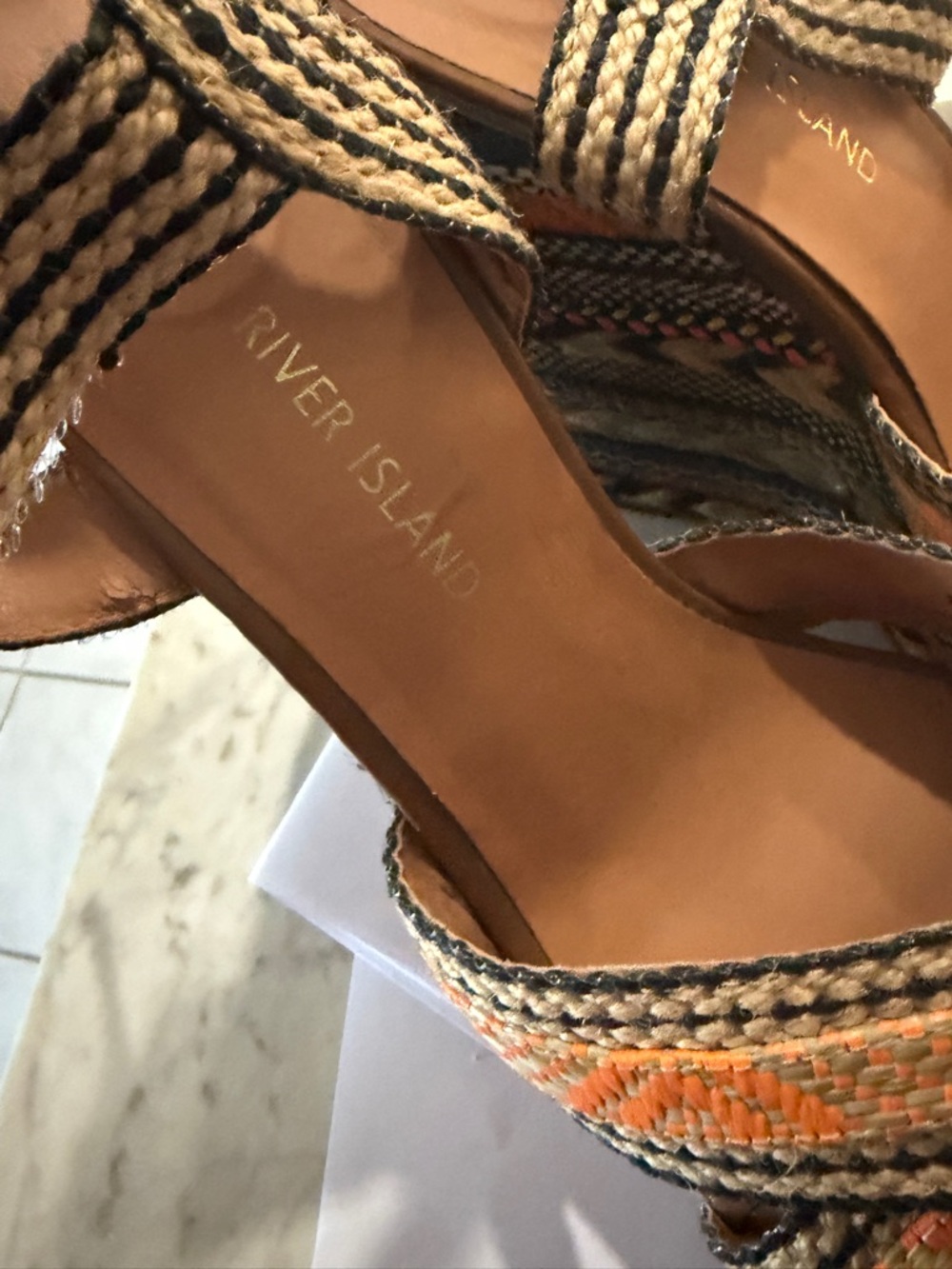 River Island Orange and Natural Woven Platform Wedge Sandals - Picture 4 of 8